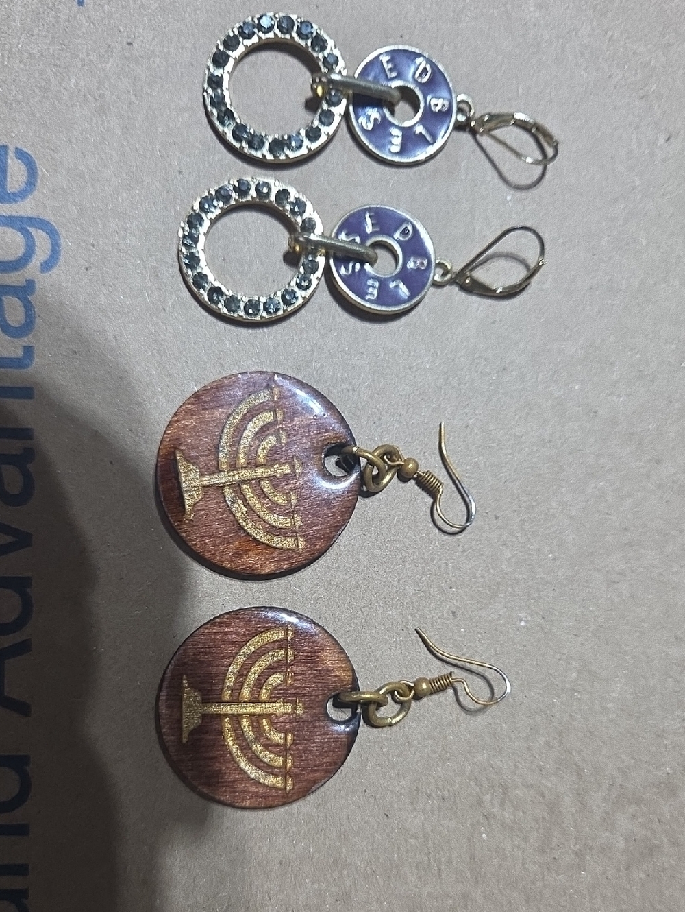 Handcrafted Wooden Menorah Drop Earrings - Brown & Gold